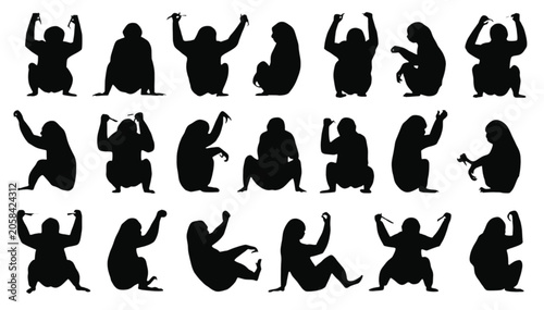 Monkeys appear in a collection of twenty-one distinct black silhouettes arranged in a grid to showcase various seated and standing postures on a plain white background with ample copy space.