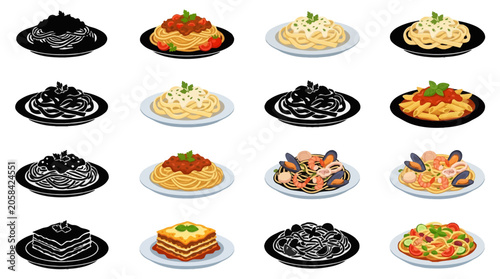 Schilderij op canvas Professional vector collection featuring different pasta dish designs, spaghetti