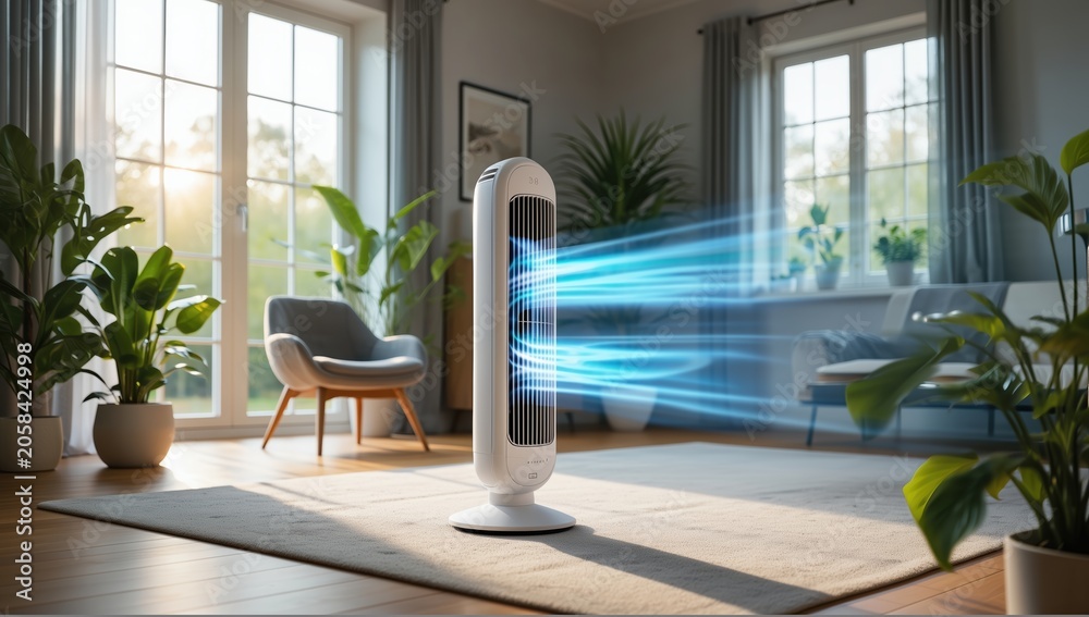 Fototapeta premium A sleek white tower fan emits visualized blue airflow in a sunlit modern living room with lush green plants, a gray armchair, and warm wood floors, conveying cool fresh comfort.