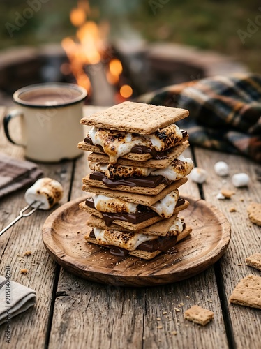 Toasted Marshmallow Smores Stack on Rustic Campfire Table