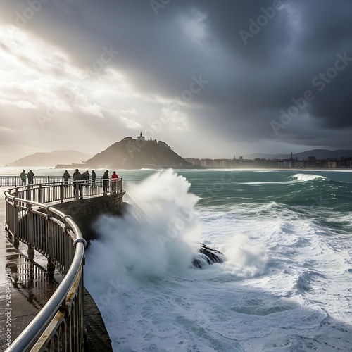 Dramatic Storm Waves Crashing Against Seaside Promenade with Island Lighthouse