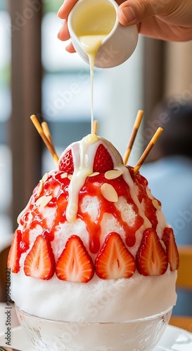 Sweet Strawberry Shaved Ice Dessert Drizzled with Cream in Bright Cafe Setting