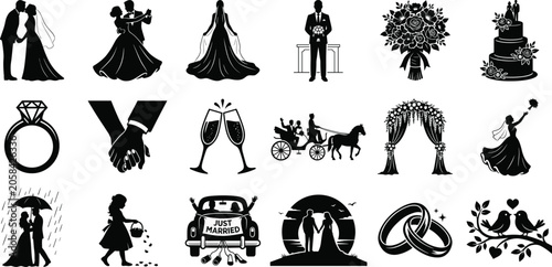 Wedding Celebration Silhouette Icon Set Featuring Bride, Groom, Ring, Cake, Bouquet, Just Married Car and Romantic Couple Illustrations