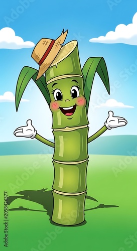Cheerful Cartoon Bamboo Character Wearing Straw Hat in Sunny Green Field