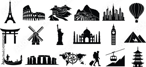 Foto World Travel Landmark Silhouette Icon Set Featuring Eiffel Tower, Colosseum, Gre