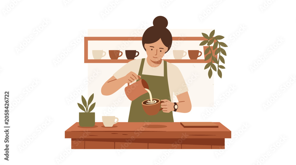 Fototapeta premium Barista pouring milk into coffee cup at a wooden cafe counter