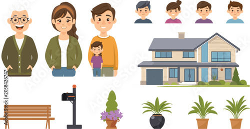 Family Character Constructor Set with Modern Residential House, Avatars, Grandfather, Parents, Child, and Suburban Yard Furniture Vector Illustrations