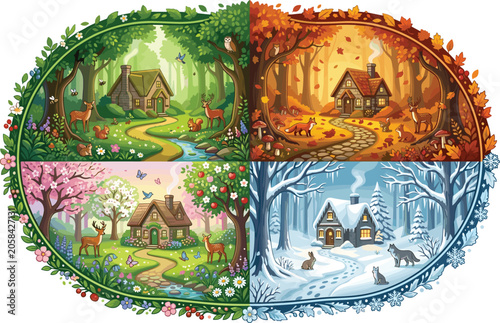 Canvas Print Four seasons vector illustration showing spring summer autumn winter landscape w