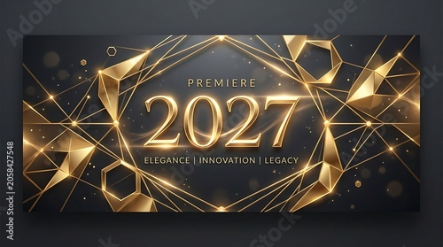 Premiere 2027 golden typography with digital network lines and abstract geometric crystal shapes.
