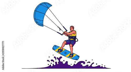 Kitesurfing extreme water sports vector illustration featuring an athletic man performing a high jump over ocean waves on a board