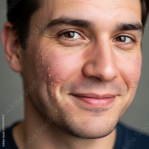 Smiling Young Man with Textured Skin in Close Up Indoor Portrait