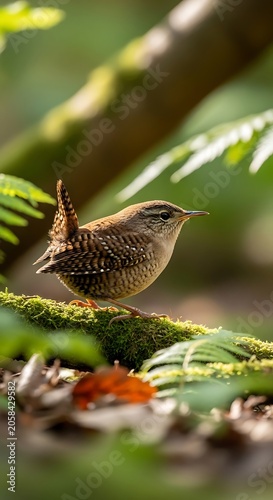 Small Brown Songbird Perched on Mossy Log in Sunlit Forest Understory