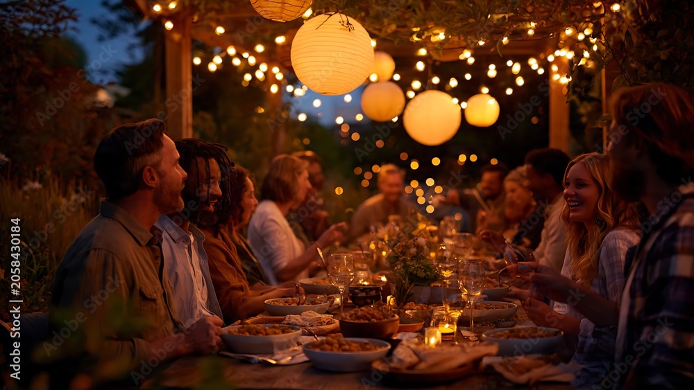Fototapeta premium Family gathered around festive holiday dinner table with candles.