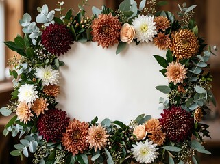 Autumn Floral Frame with Burgundy and Orange Chrysanthemums and Eucalyptus Leaves