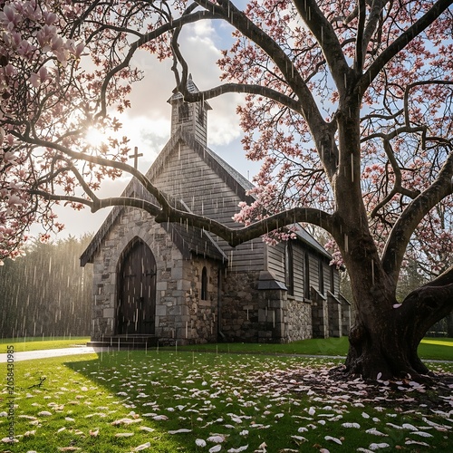 Historic Stone Church Framed by Blooming Spring Tree in Sunlit Garden
