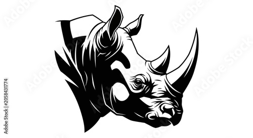 Canvas Print Powerful Rhinoceros Head Illustration in Black and White