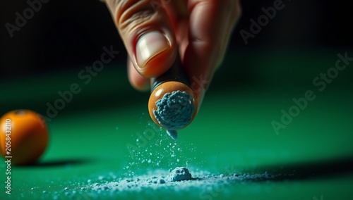 Hand applying chalk to a pool cue tip on a green baize table