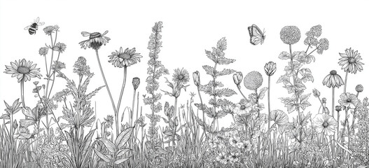 summer field with various wildflowers and tall grasses. the foreground is filled with diverse plant life, sketched