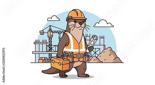 Cartoon Otter Construction Worker Holding Blueprint at Building Site