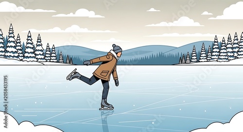Lone Winter Ice Skater Gliding on Frozen Lake in Snowy Mountain Landscape