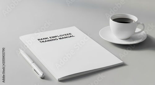 Bank Employee Training Manual With Coffee Cup And Pen On Desk