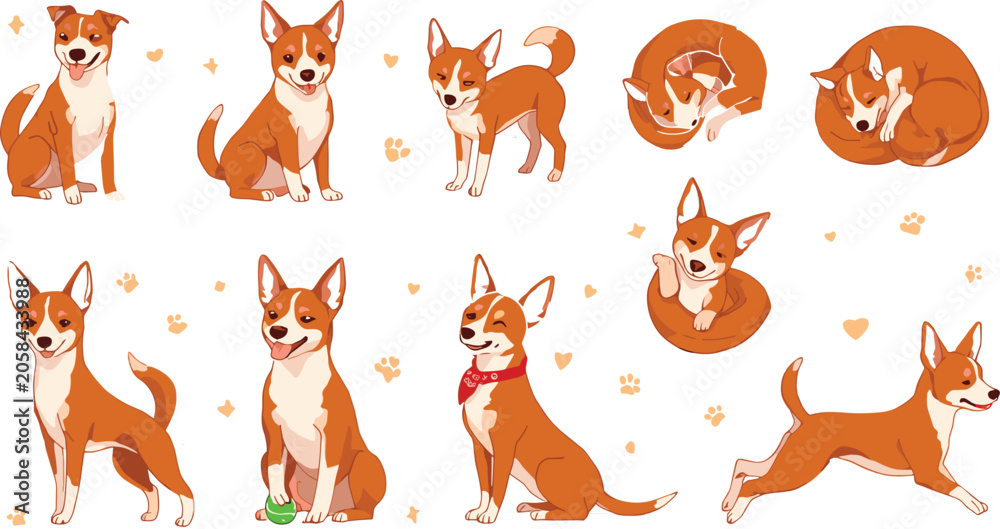 Fototapeta premium Playful Basenji Dog Character Bundle Showing Energetic Actions Like Running Sleeping and Playing Ball for Pet Care and Veterinary Industry Branding
