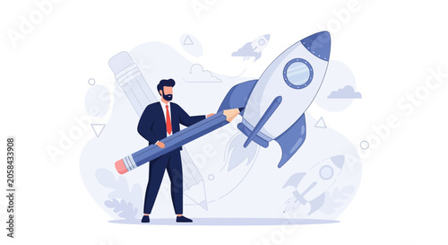 Businessman with Giant Pencil Launches Rocket: Concept for Innovation, Creativity, and Startup Success