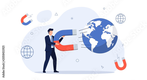 Businessman with Horseshoe Magnet Attracting the World Globe - Concept of Global Influence, Business Strategy, and Marketing