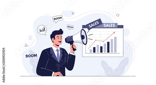 Businessman with Megaphone Announcing Sales Growth and Success, Vector Illustration
