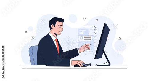 Businessman working on computer with digital interface, data analysis, online browsing and business concept