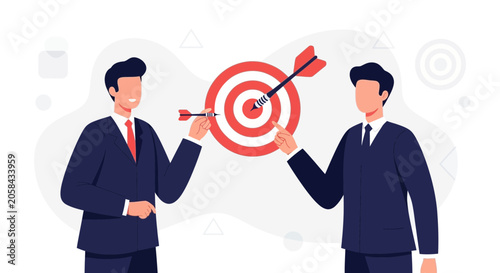 Businessmen Aiming at Target with Arrows, Representing Strategy, Goal Achievement, and Teamwork