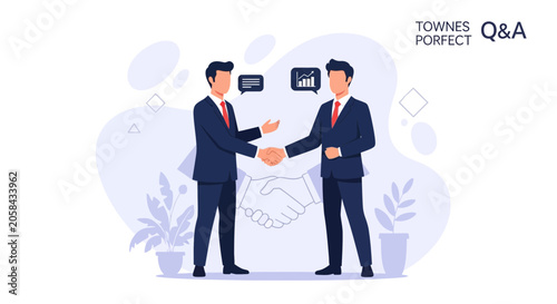 Businessmen shaking hands, symbolizing partnership, agreement, and success, with communication and growth icons.
