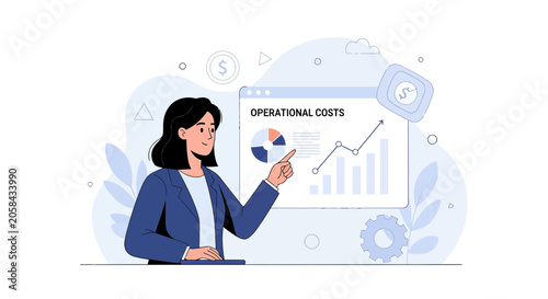 Businesswoman analyzing operational costs on a digital dashboard with charts and graphs, illustrating financial analysis and business strategy.