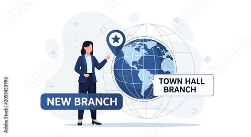 Businesswoman announcing new branch opening with global expansion concept