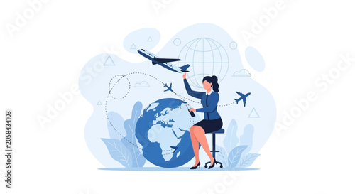 Businesswoman plans global travel with airplanes orbiting the Earth, conveying travel agency and flight planning concepts.
