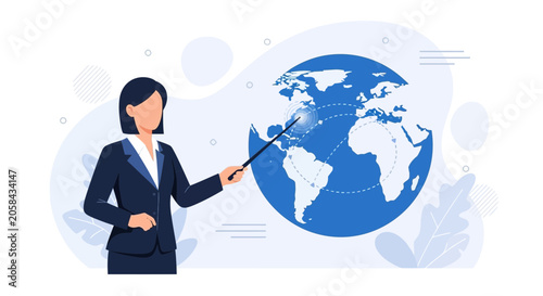 Businesswoman points to globe showing global connections and international business presentation, flat design vector illustration.