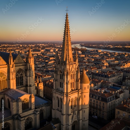 Gothic Cathedral Spire Rising Above Historic City at Sunset
