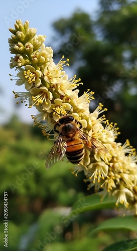 Honey Bee Pollinating Pale Yellow Flower Cluster in Sunny Garden