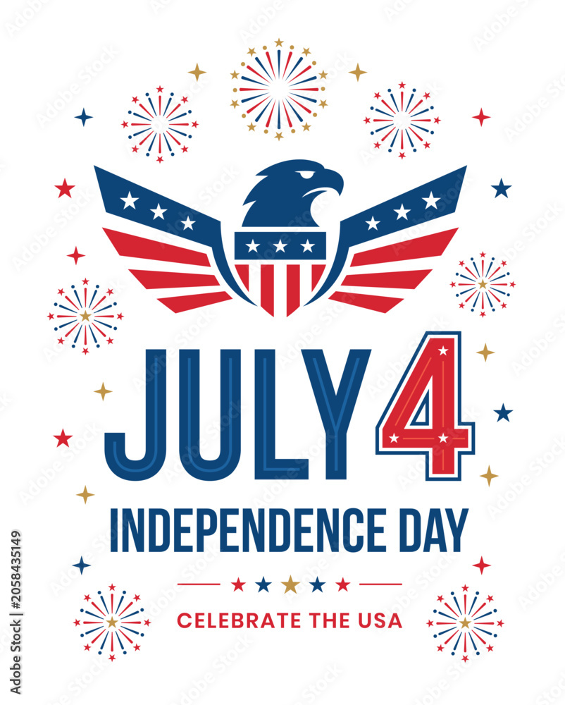Obraz premium JULY 4 Usa Independence Day Greeting Card With American Eagle Crest And Fireworks Vector Poster Design EPS