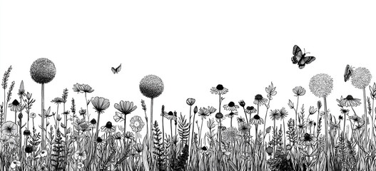 summer field with various wildflowers and tall grasses. the foreground is filled with diverse plant life, sketched