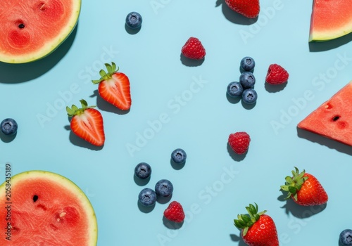 Vibrant summer fruits, including watermelon slices, strawberries, blueberries, and raspberries, are scattered across a bright blue background, creating a fresh and appealing flat lay.