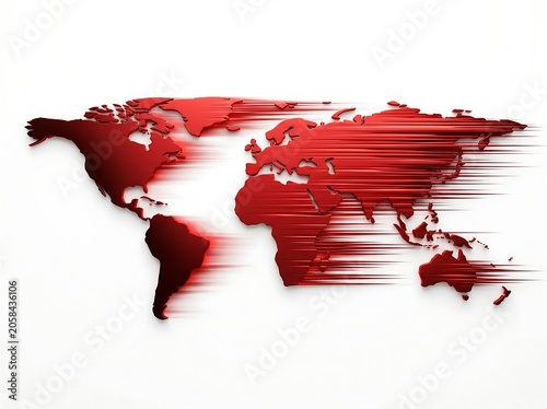  Red dynamic world map with motion blur streaks on white background, concept of global connectivity, speed, and breaking news