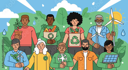 Ilustração de um grupo diverso de pessoas promovendo a sustentabilidade e a proteção ambiental com elementos como plantas, reciclagem e energia renovável.