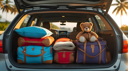 Premium travel bags and teddy bear packed in SUV trunk for luxury family vacation on tropical highway at golden hour