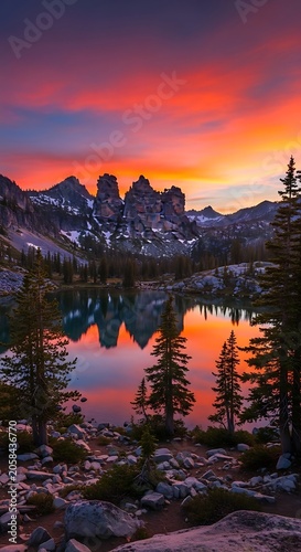 Dramatic Snowy Mountain Peaks Reflecting in Alpine Lake at Colorful Sunset