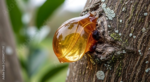 Golden Tree Resin Droplet Oozing From Textured Bark in Natural Forest Setting