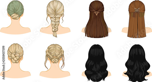 Quadro su tela Women Back View Detailed Hairstyle Vector Set with Braids Buns French Twists and