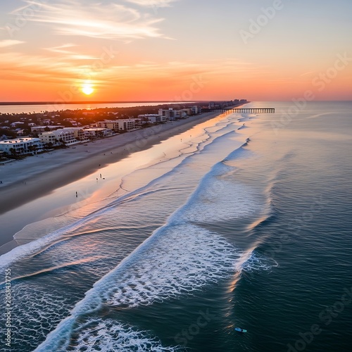 Golden Sunrise Over Coastal Beach Town with Ocean Waves and Pier