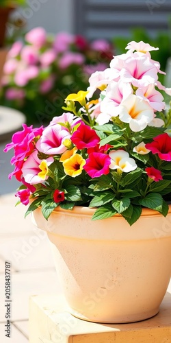 Vibrant summer flower pot with petunias and begonias, interior design, begonias
