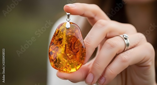 Hand Holding Polished Amber Pendant in Soft Outdoor Light